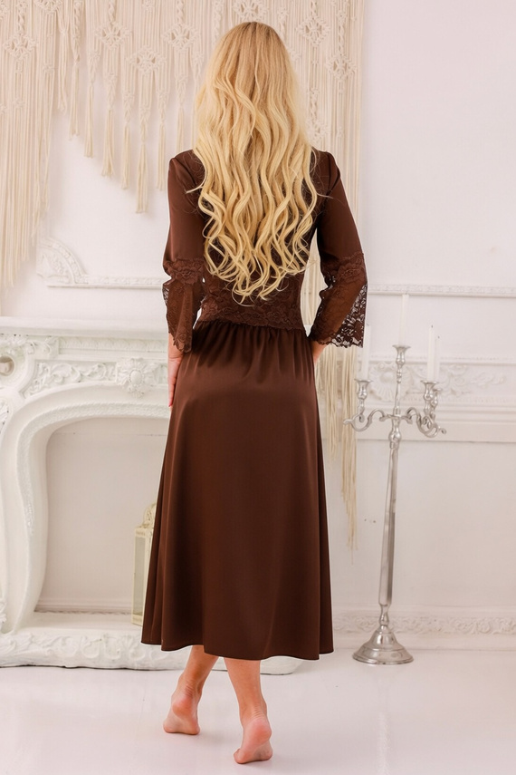 Пеньюар жіночий Kalimo Mindanao довгий сатиновий з мереживом та шортами, brown mono