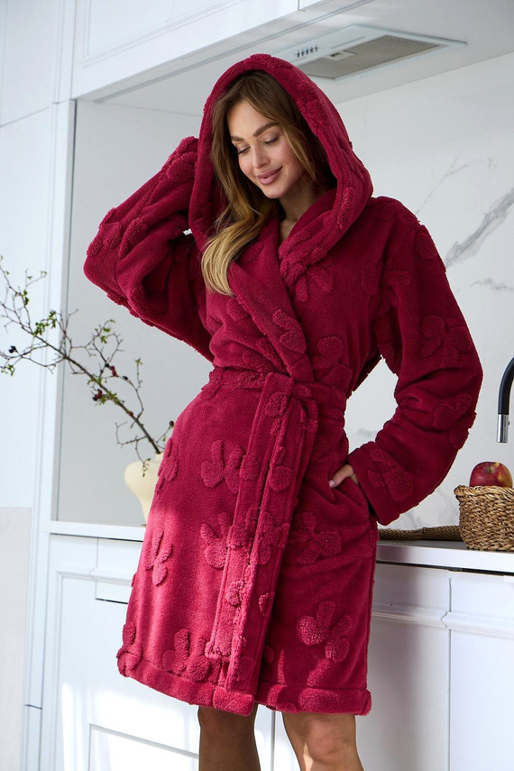 L&L Maya 2630 Короткий жіночий халат з капюшоном, м’який, тиснений, колір сангрія