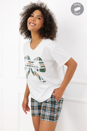 Піжама жіноча Italian Fashion Arwena бавовняна, короткий рукав, шорти у клітинку, екрю