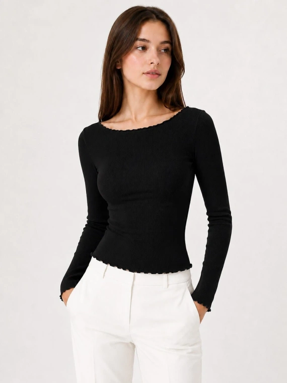 Жіноча блузка Raily Eldar Active в рубчик з віскози з довгим рукавом та вирізом човник – чорна