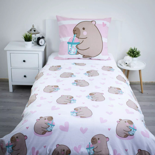Постільна білизна бавовняна 140x200 Kapibara рожева 70x90 Jerry Fabrics