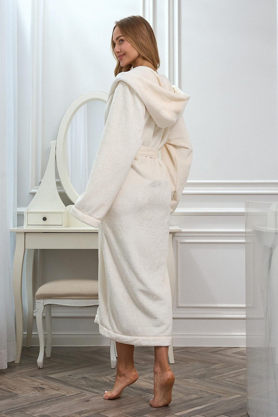 L&L 2602 Honey довгий жіночий халат з капюшоном, м’який, на зав’язках, колір ecru