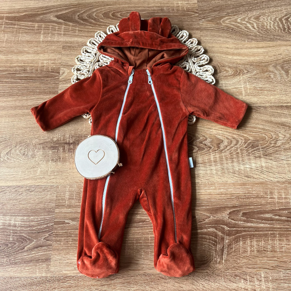 Mamatti VELVET KB005 Двошаровий дитячий комбінезон з бавовни з капюшоном та вушками, корично-коричневий