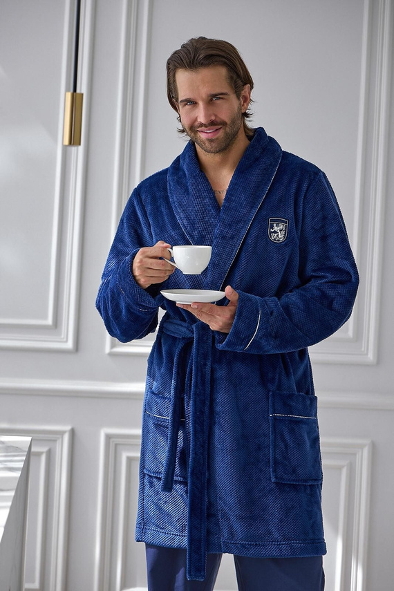 L&L Elegant 2664 чоловічий короткий вафельний халат м’який з коміром navy